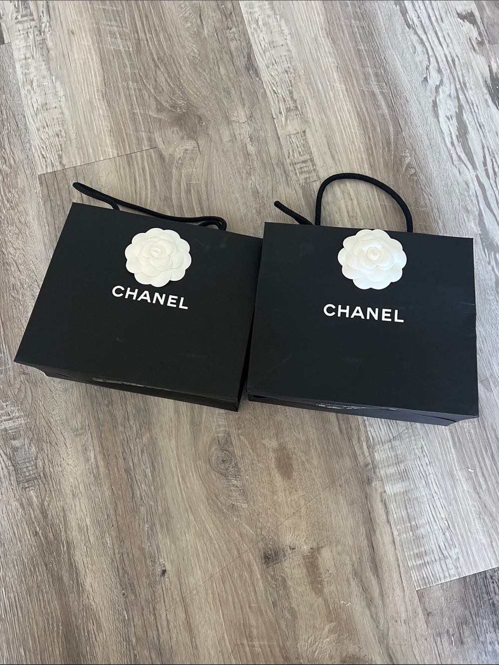 2 CHANEL Black Paper Gift Bags with White Camellia - Picture 9 of 15